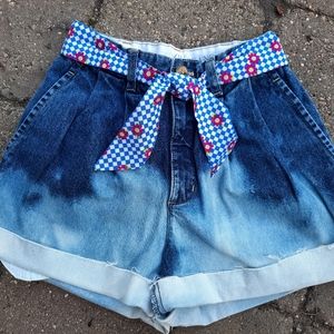 Upcycled cutoff jean shorts ombre XL gingham tie belt cottagecore